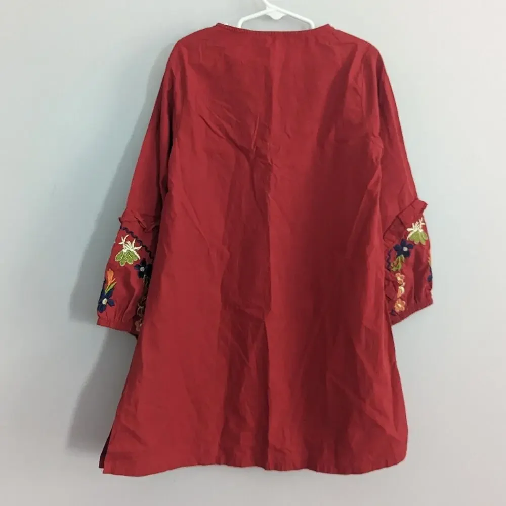 Girl's Well Loved Dress Cotton Red Embroidered Size 7-8 Fall Bohemian